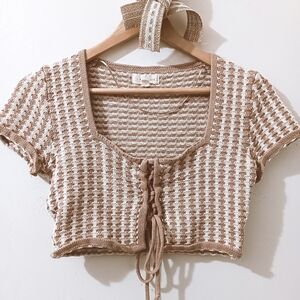 ↠ Pacsun L.A. Hearts Muave Tan & White Lace Up Cotton Knit Cap Sleeve Crop Top
